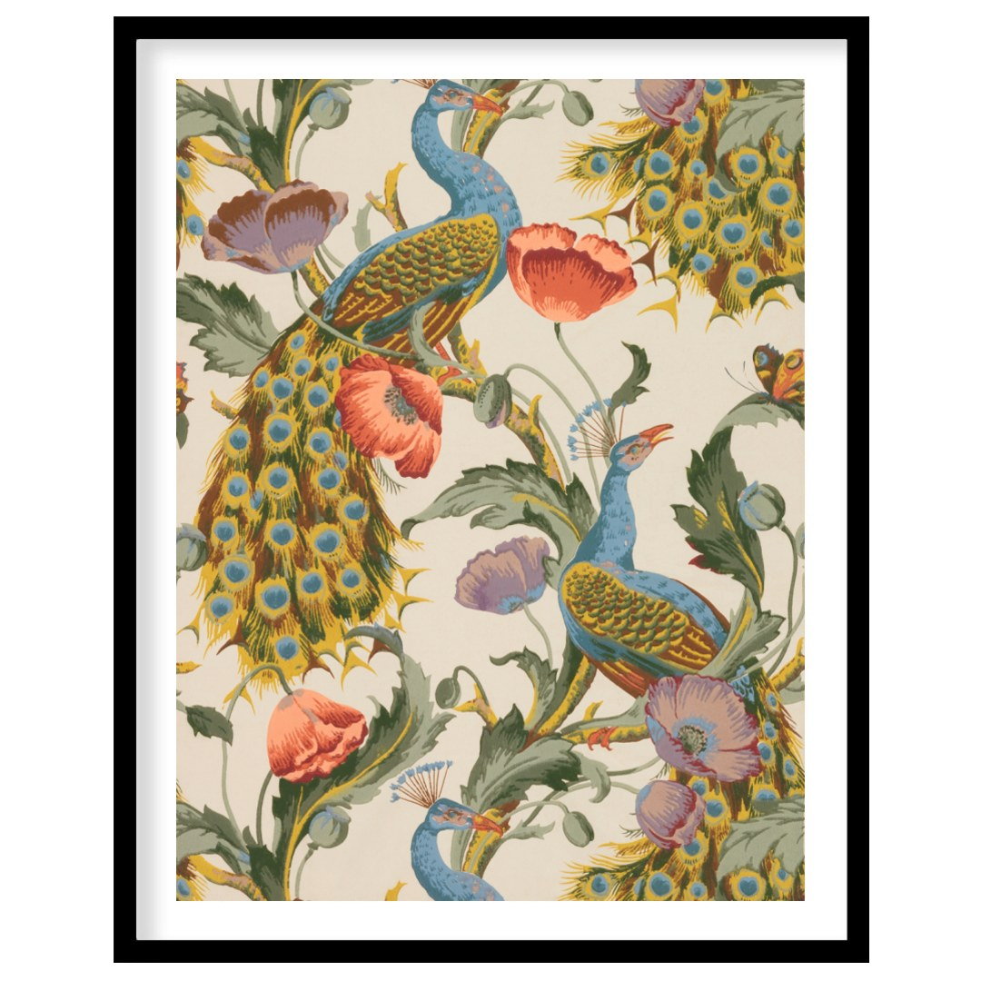 This vibrant and intricate pattern showcases majestic peacocks gracefully integrated with large, bl… for home