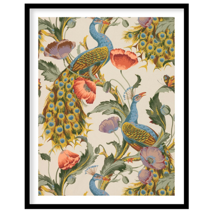 This vibrant and intricate pattern showcases majestic peacocks gracefully integrated with large, bl… for home