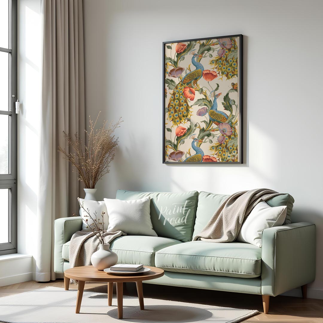 This vibrant and intricate pattern showcases majestic peacocks gracefully integrated with large, bl… for living room