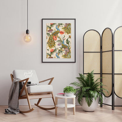 This vibrant and intricate pattern showcases majestic peacocks gracefully integrated with large, bl… for living room
