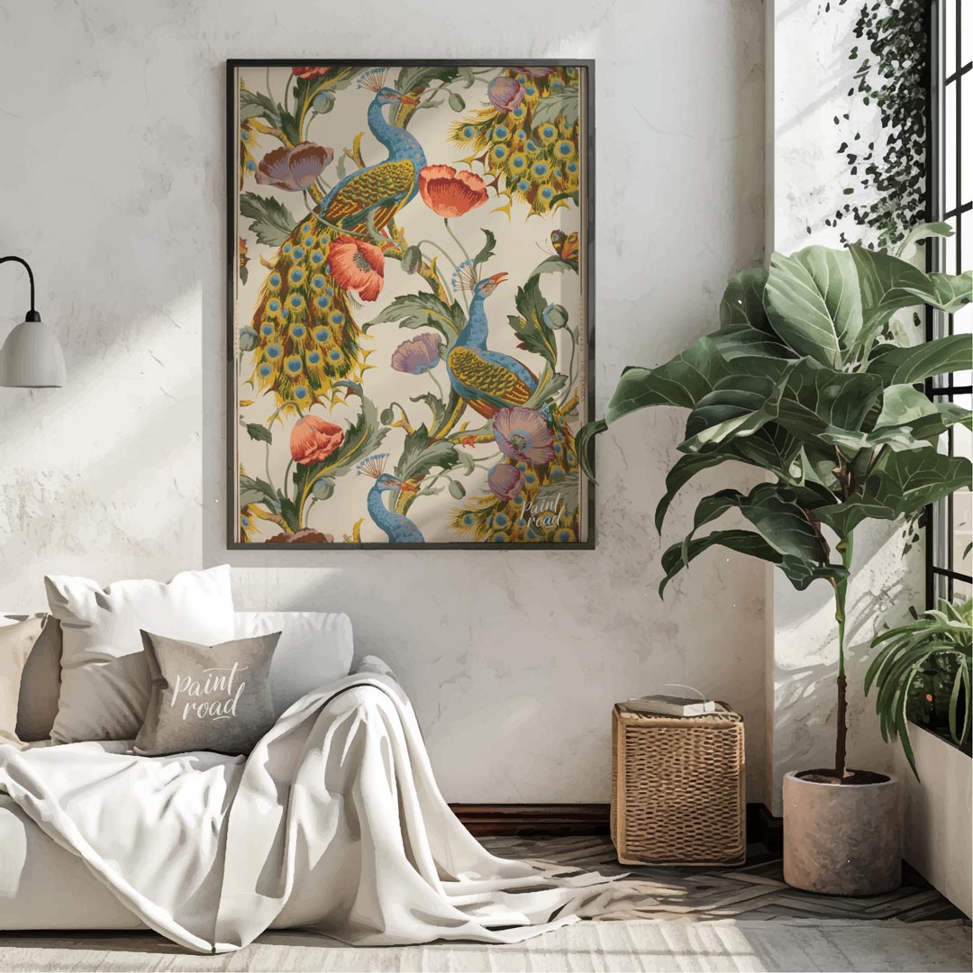 This vibrant and intricate pattern showcases majestic peacocks gracefully integrated with large, bl… for living room