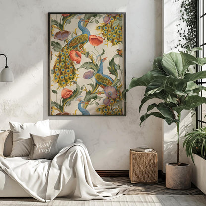This vibrant and intricate pattern showcases majestic peacocks gracefully integrated with large, bl… for living room
