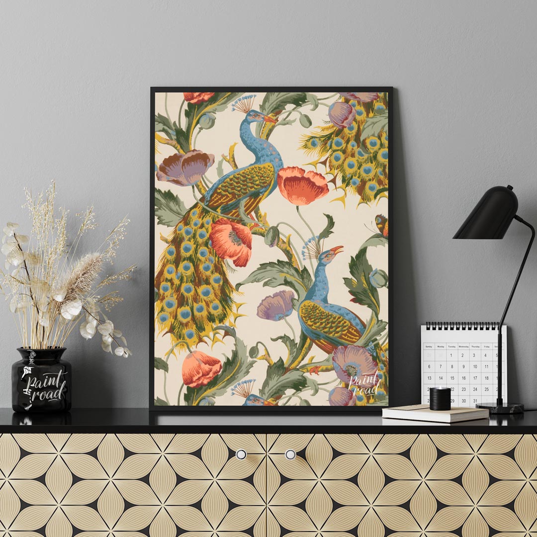 This vibrant and intricate pattern showcases majestic peacocks gracefully integrated with large, bl… for office