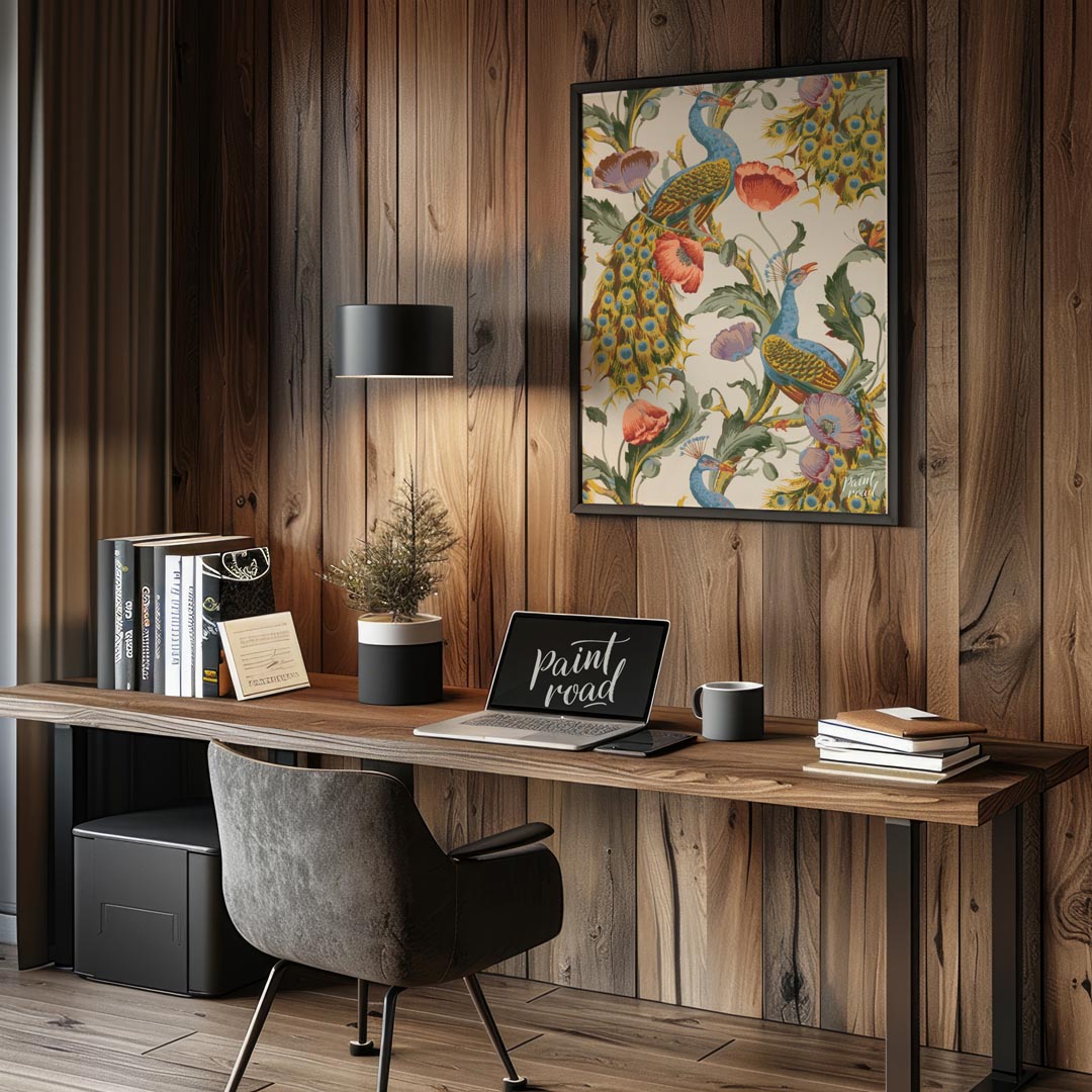 This vibrant and intricate pattern showcases majestic peacocks gracefully integrated with large, bl… for office