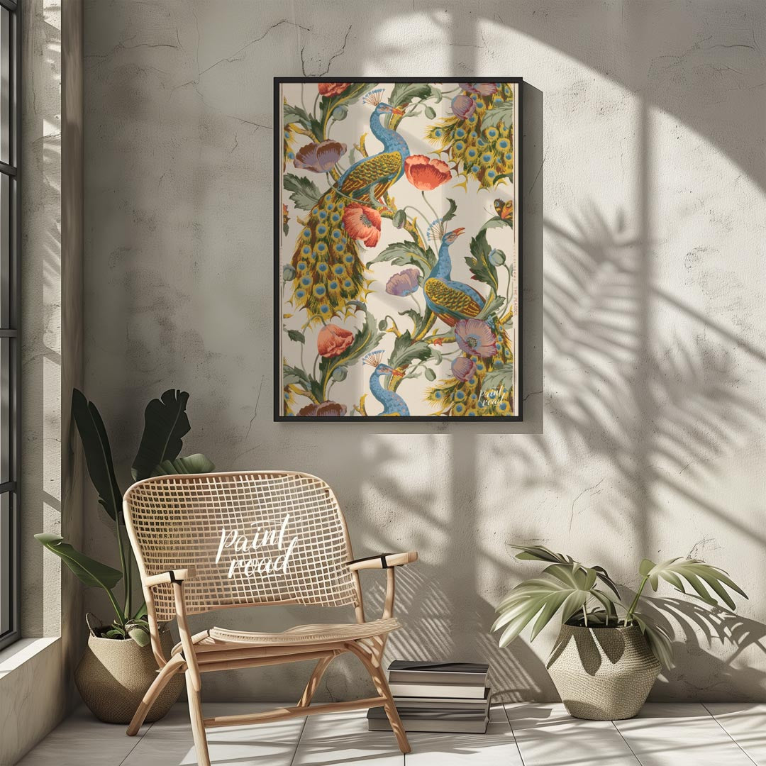This vibrant and intricate pattern showcases majestic peacocks gracefully integrated with large, bl… for other