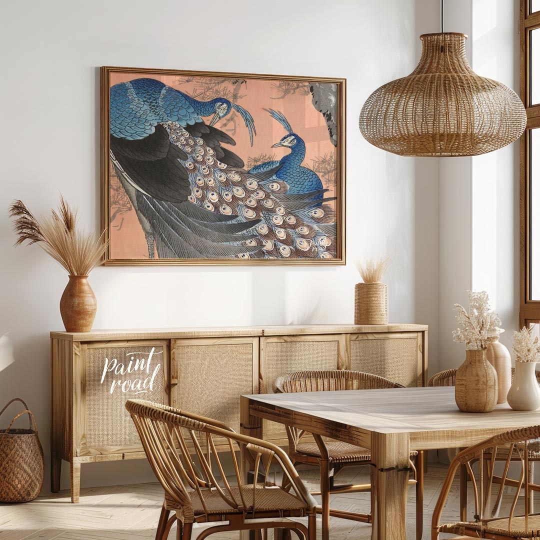 This vibrant artwork, possibly inspired by traditional Japanese or Chinese art, portrays two beauti… for dining room