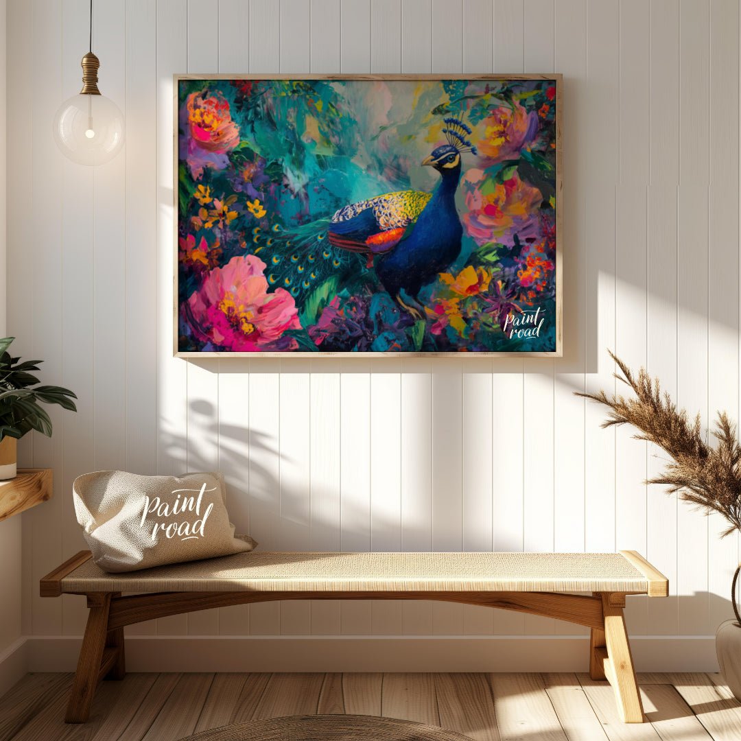 Peacock's Paradise is a vibrant and enchanting canvas painting that celebrates the breathtaking bea… for entryway