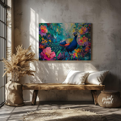Peacock's Paradise is a vibrant and enchanting canvas painting that celebrates the breathtaking bea… for entryway