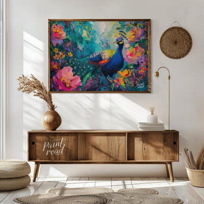 Peacock's Paradise is a vibrant and enchanting canvas painting that celebrates the breathtaking bea… for living room