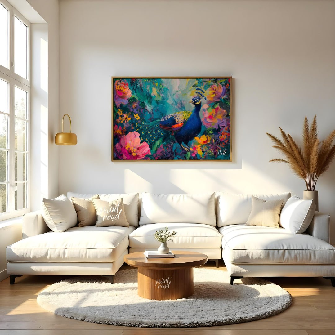 Peacock's Paradise is a vibrant and enchanting canvas painting that celebrates the breathtaking bea… for living room