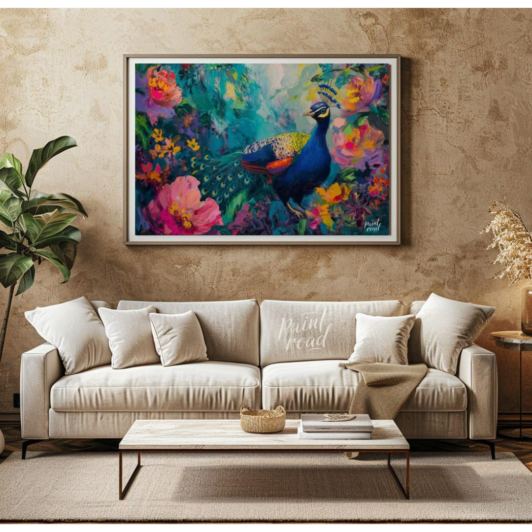 Peacock's Paradise is a vibrant and enchanting canvas painting that celebrates the breathtaking bea… for living room