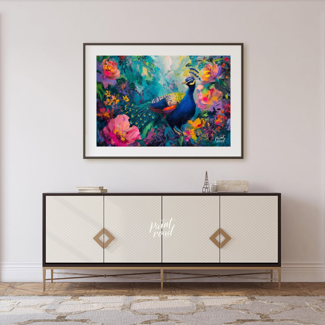 Peacock's Paradise is a vibrant and enchanting canvas painting that celebrates the breathtaking bea… for living room
