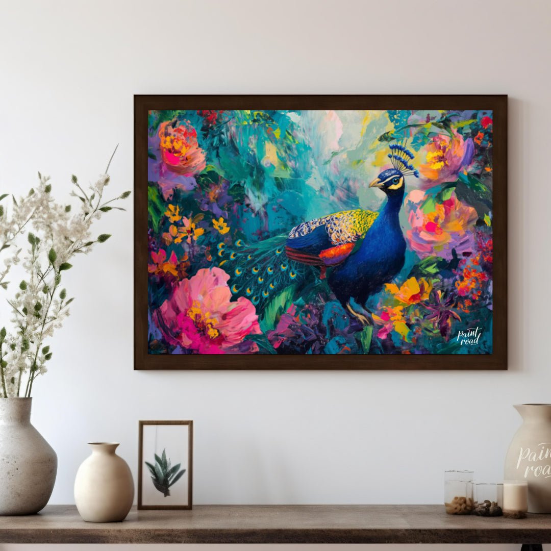 Peacock's Paradise is a vibrant and enchanting canvas painting that celebrates the breathtaking bea… for living room
