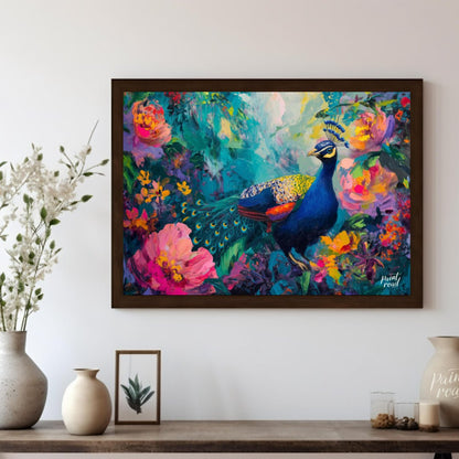 Peacock's Paradise is a vibrant and enchanting canvas painting that celebrates the breathtaking bea… for living room