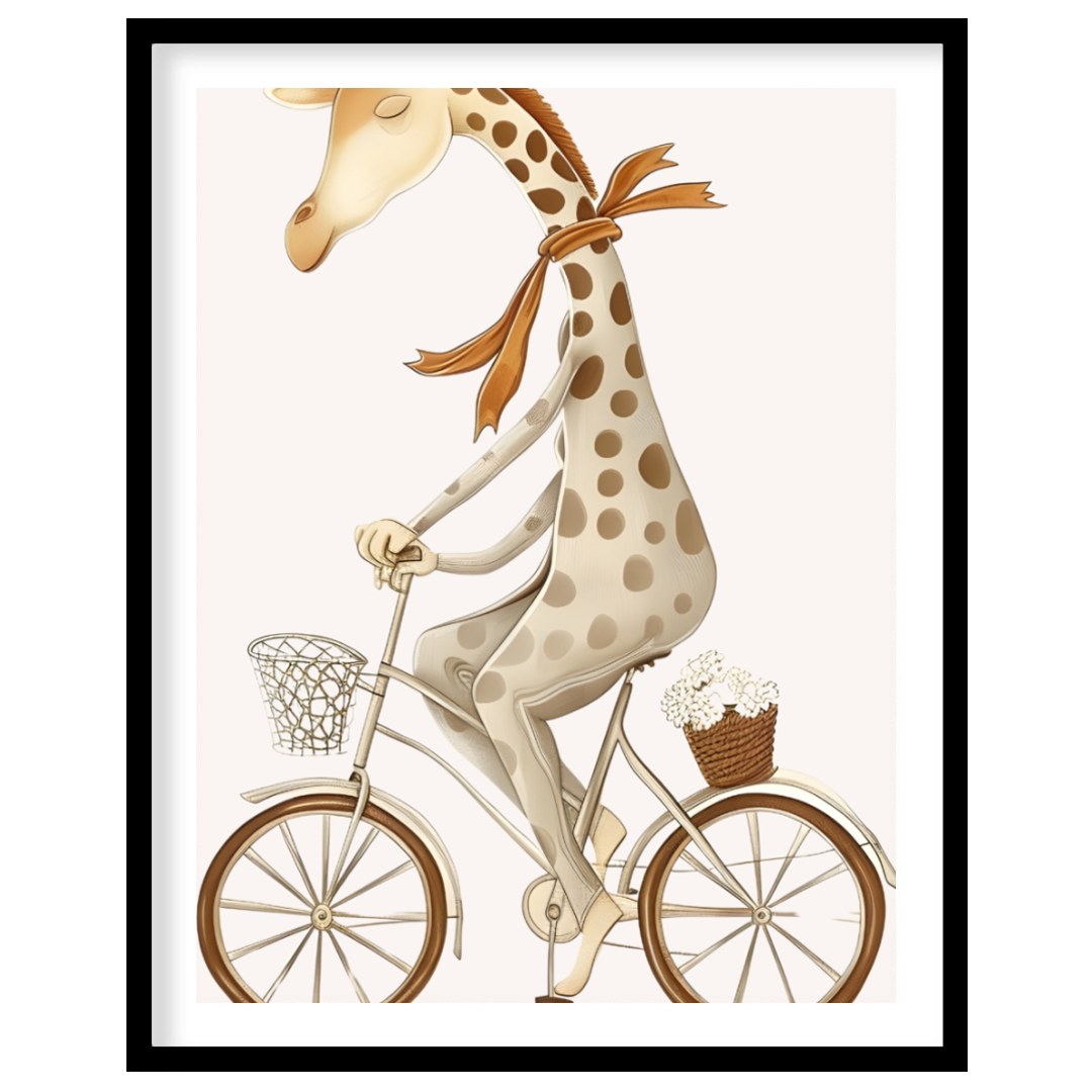 This charming watercolor illustration features a whimsical giraffe leisurely riding a vintage bicyc… for abode