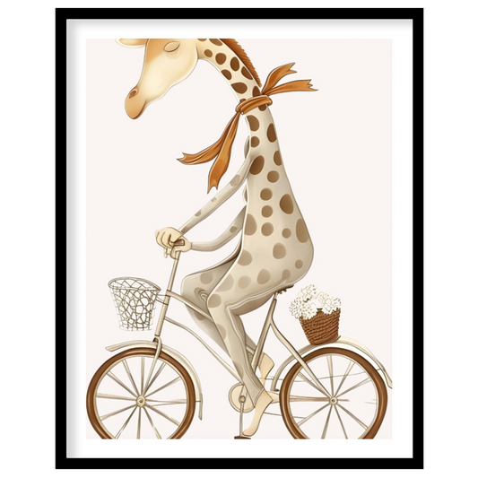 This charming watercolor illustration features a whimsical giraffe leisurely riding a vintage bicyc… for abode