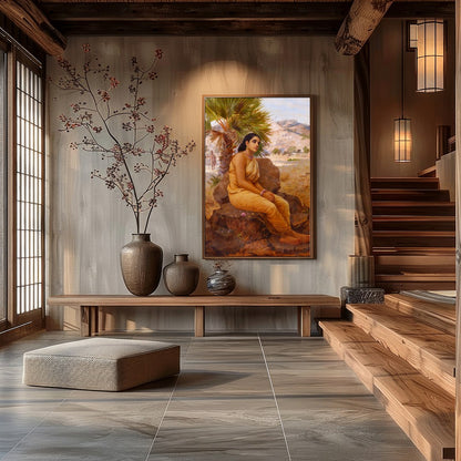 Immerse yourself in the tranquil beauty of 'Pensive Desert Oasis,' a captivating artwork that for Hall