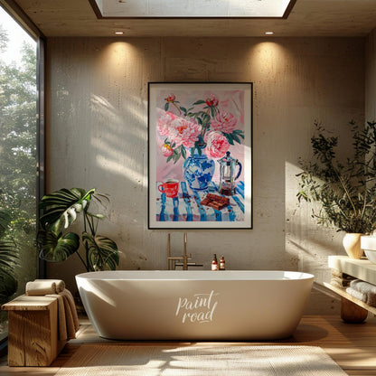 This charming painting captures a delightful still life scene, blending the beauty of blooming peon… for bathroom