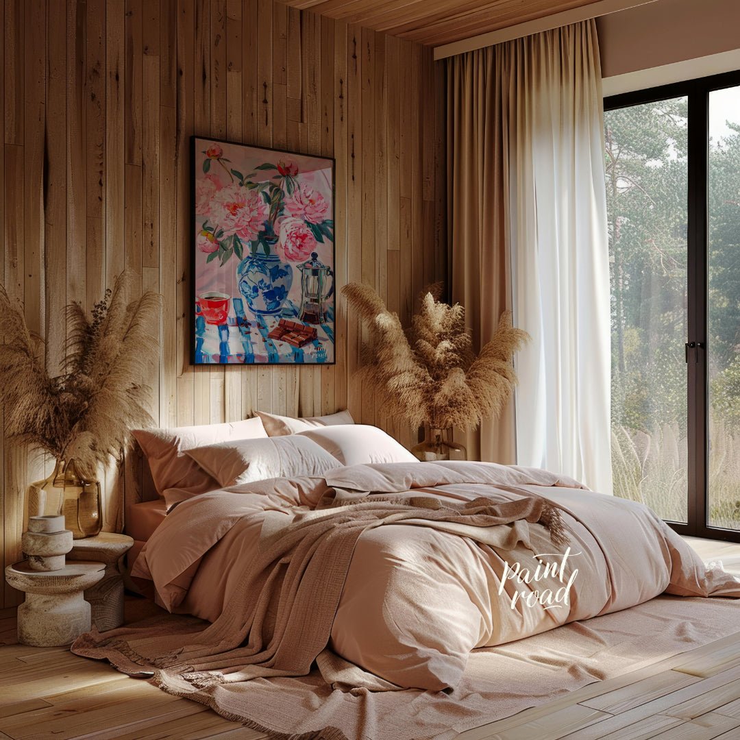 This charming painting captures a delightful still life scene, blending the beauty of blooming peon… for bedroom
