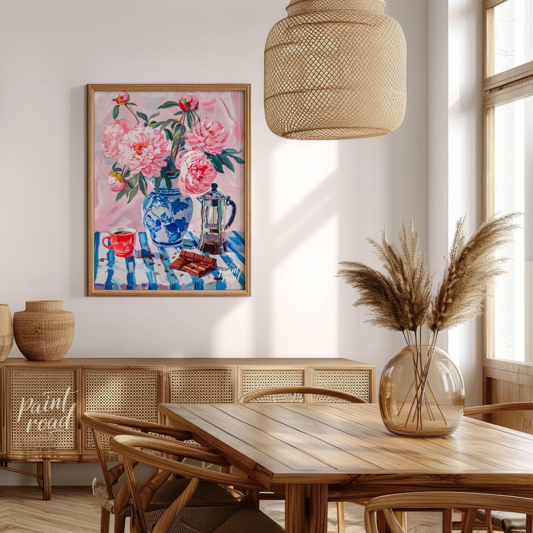 This charming painting captures a delightful still life scene, blending the beauty of blooming peon… for dining room
