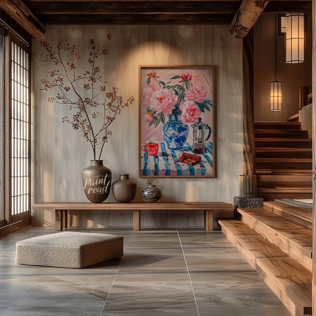 This charming painting captures a delightful still life scene, blending the beauty of blooming peon… for entryway