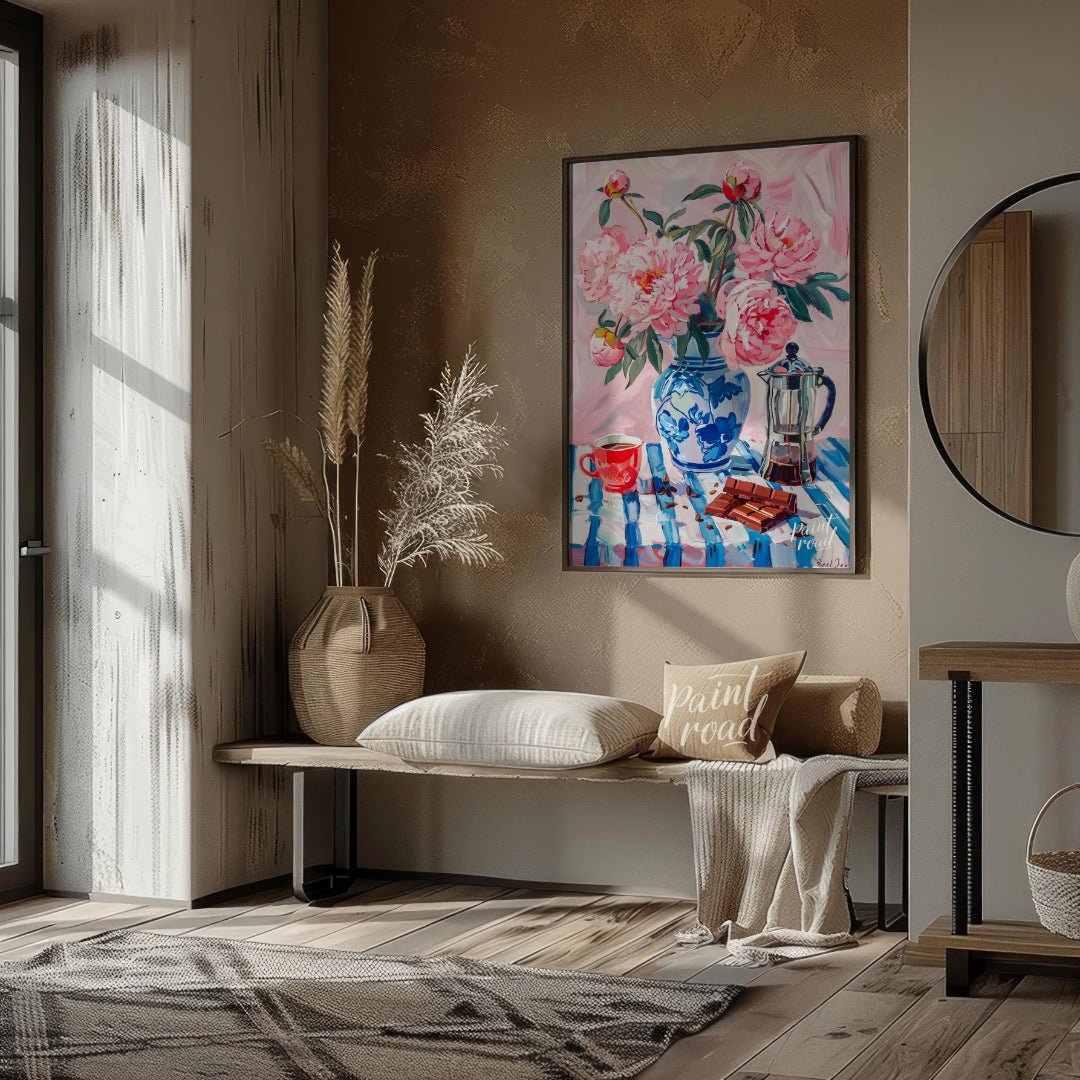 This charming painting captures a delightful still life scene, blending the beauty of blooming peon… for entryway