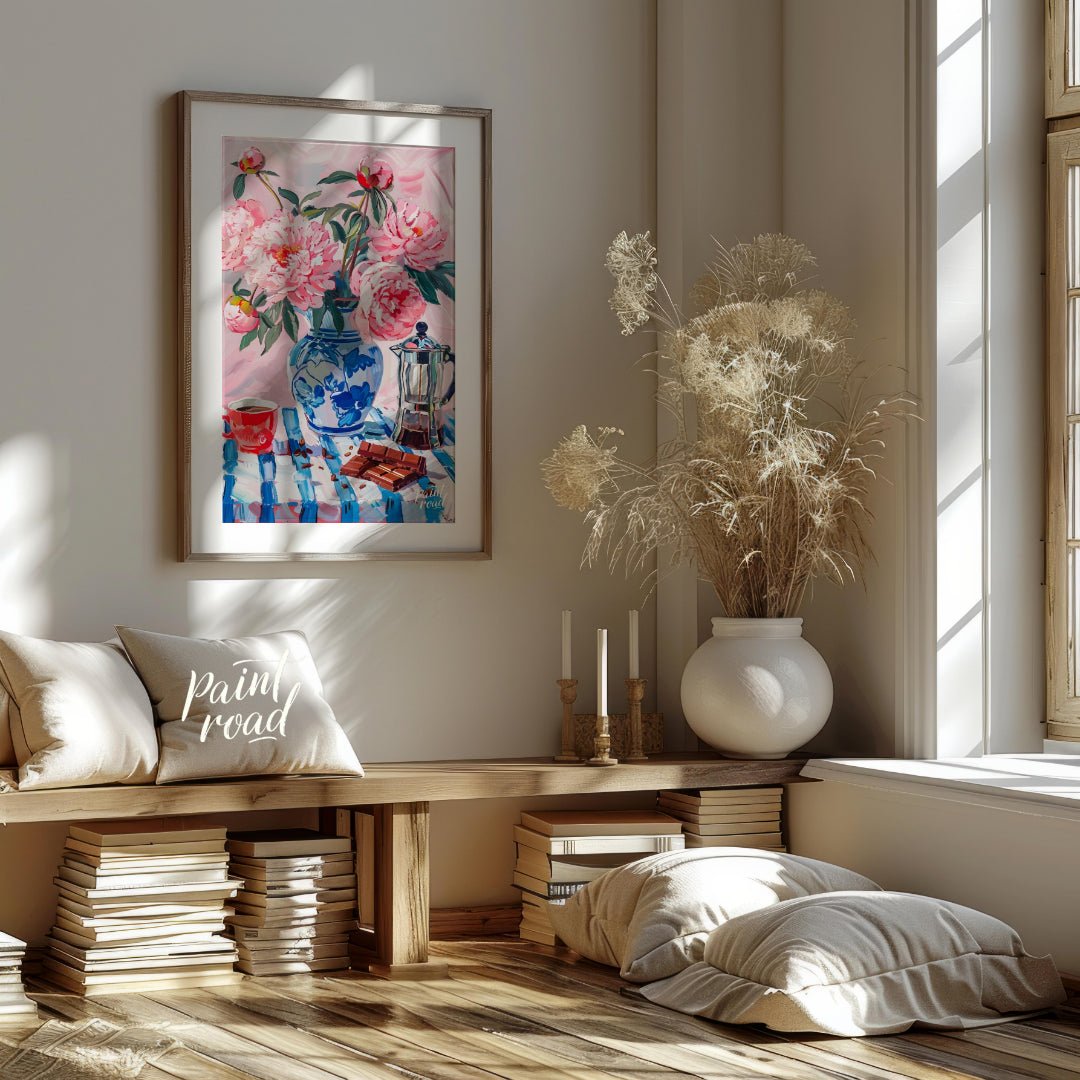This charming painting captures a delightful still life scene, blending the beauty of blooming peon… for living room