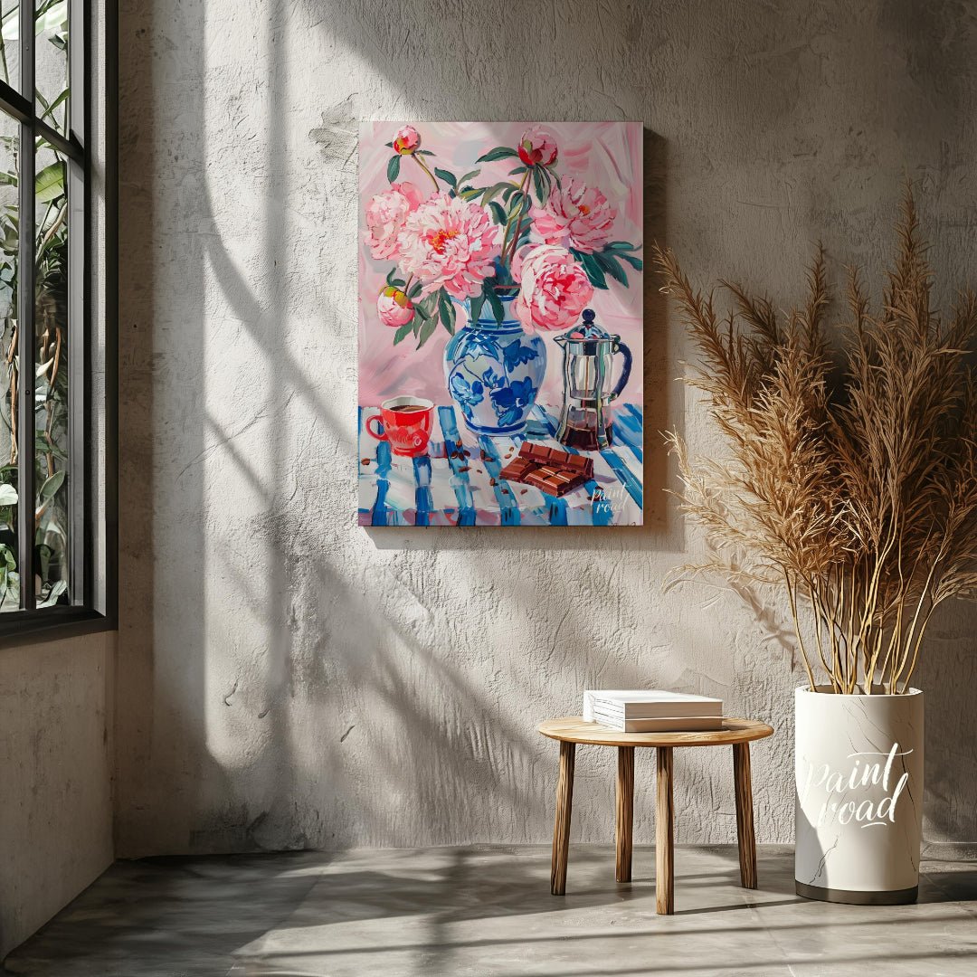 This charming painting captures a delightful still life scene, blending the beauty of blooming peon… for living room