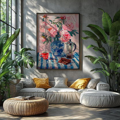 This charming painting captures a delightful still life scene, blending the beauty of blooming peon… for living room