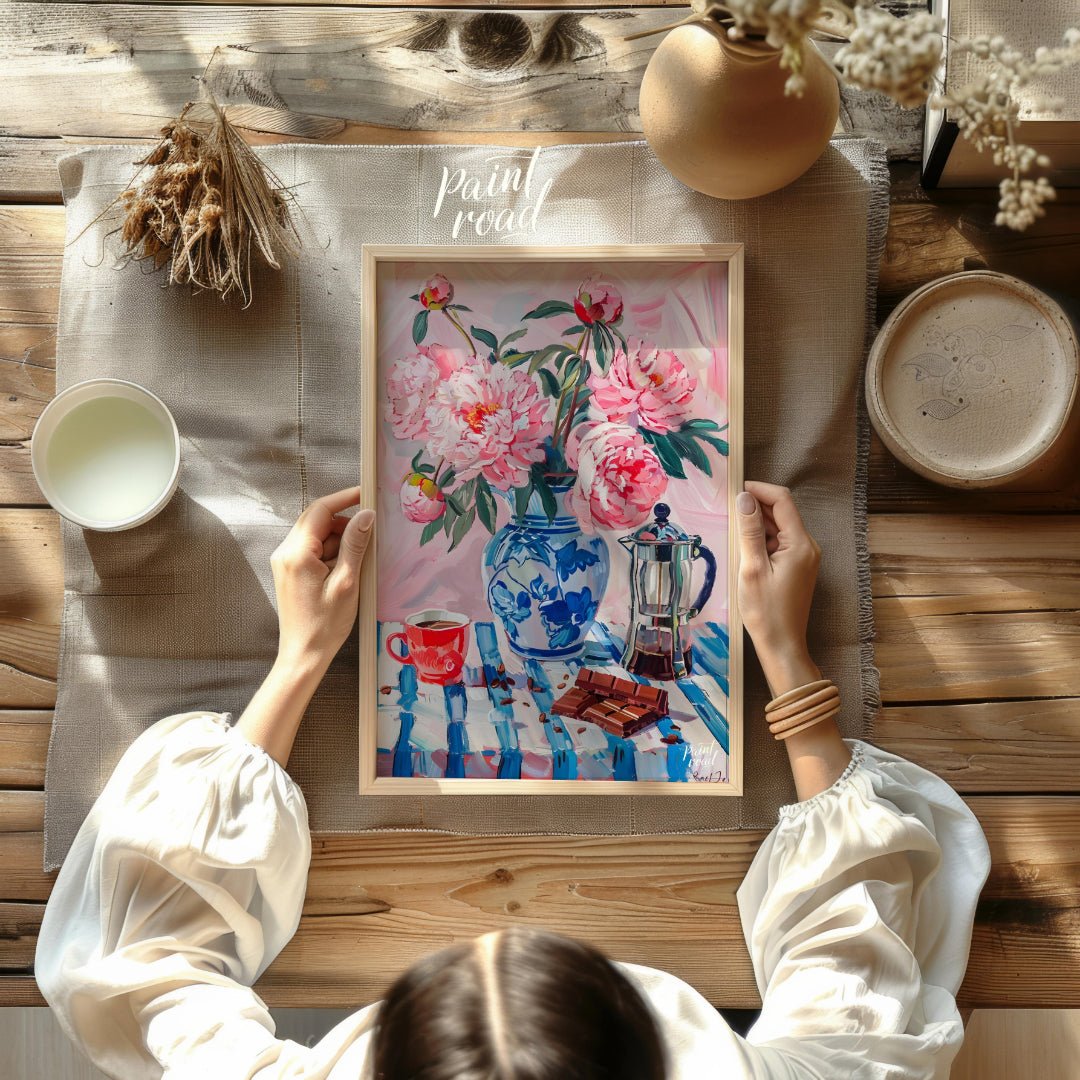This charming painting captures a delightful still life scene, blending the beauty of blooming peon… for other