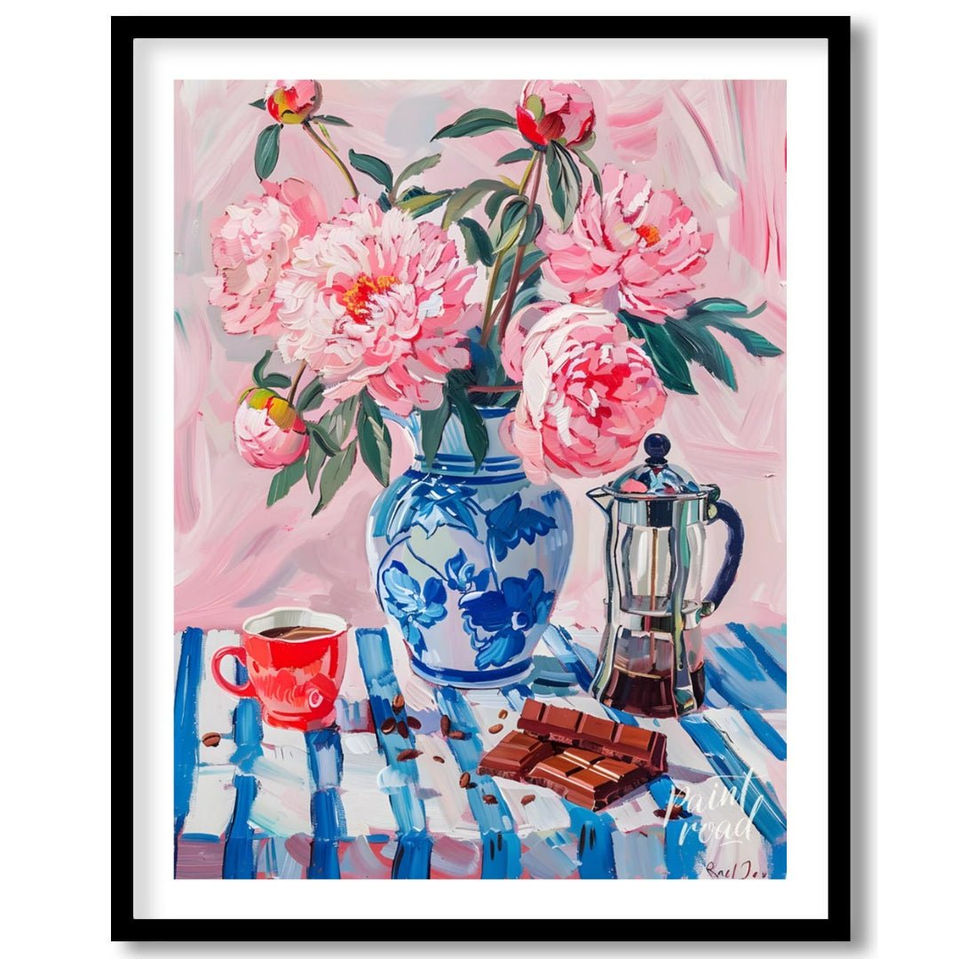 This charming painting captures a delightful still life scene, blending the beauty of blooming peon… for place