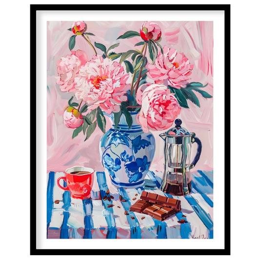 This charming painting captures a delightful still life scene, blending the beauty of blooming peon… for place