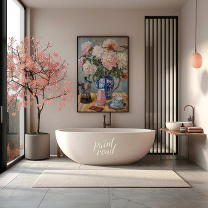 This vibrant art captures a serene morning moment with a delightful still life. A lush bouquet of p… for bathroom