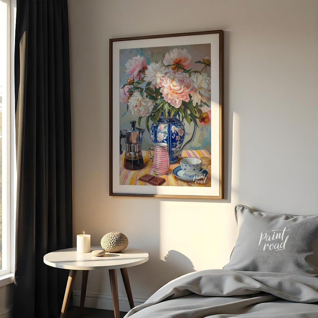 This vibrant art captures a serene morning moment with a delightful still life. A lush bouquet of p… for bedroom