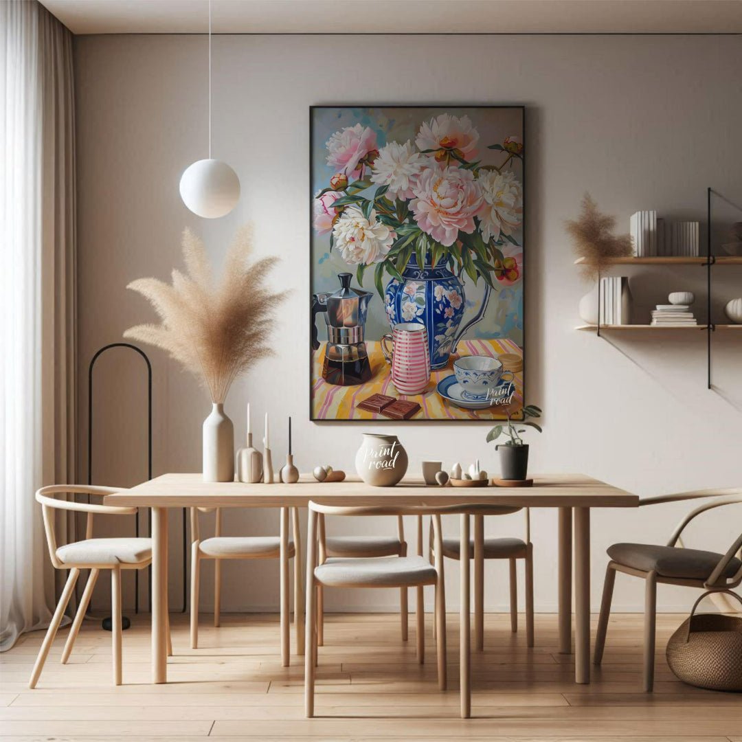 This vibrant art captures a serene morning moment with a delightful still life. A lush bouquet of p… for dining room