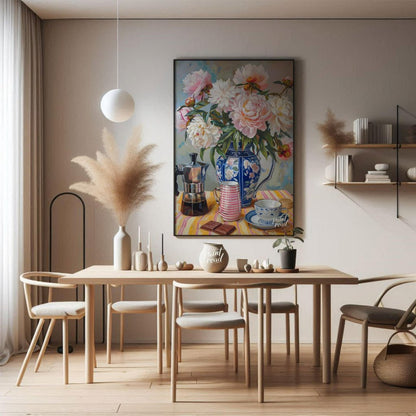 This vibrant art captures a serene morning moment with a delightful still life. A lush bouquet of p… for dining room