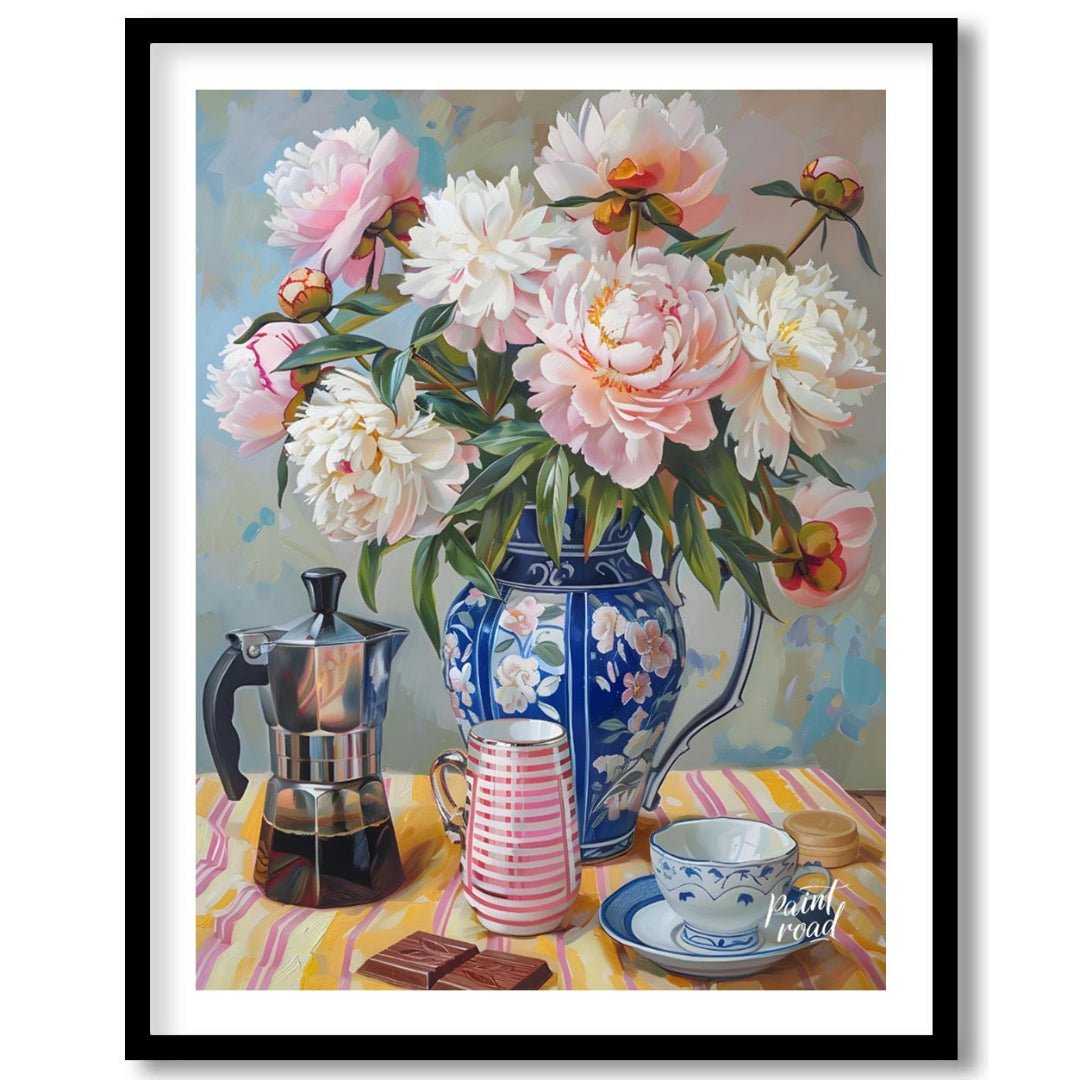 This vibrant art captures a serene morning moment with a delightful still life. A lush bouquet of p… for house