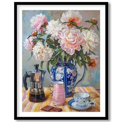 This vibrant art captures a serene morning moment with a delightful still life. A lush bouquet of p… for house