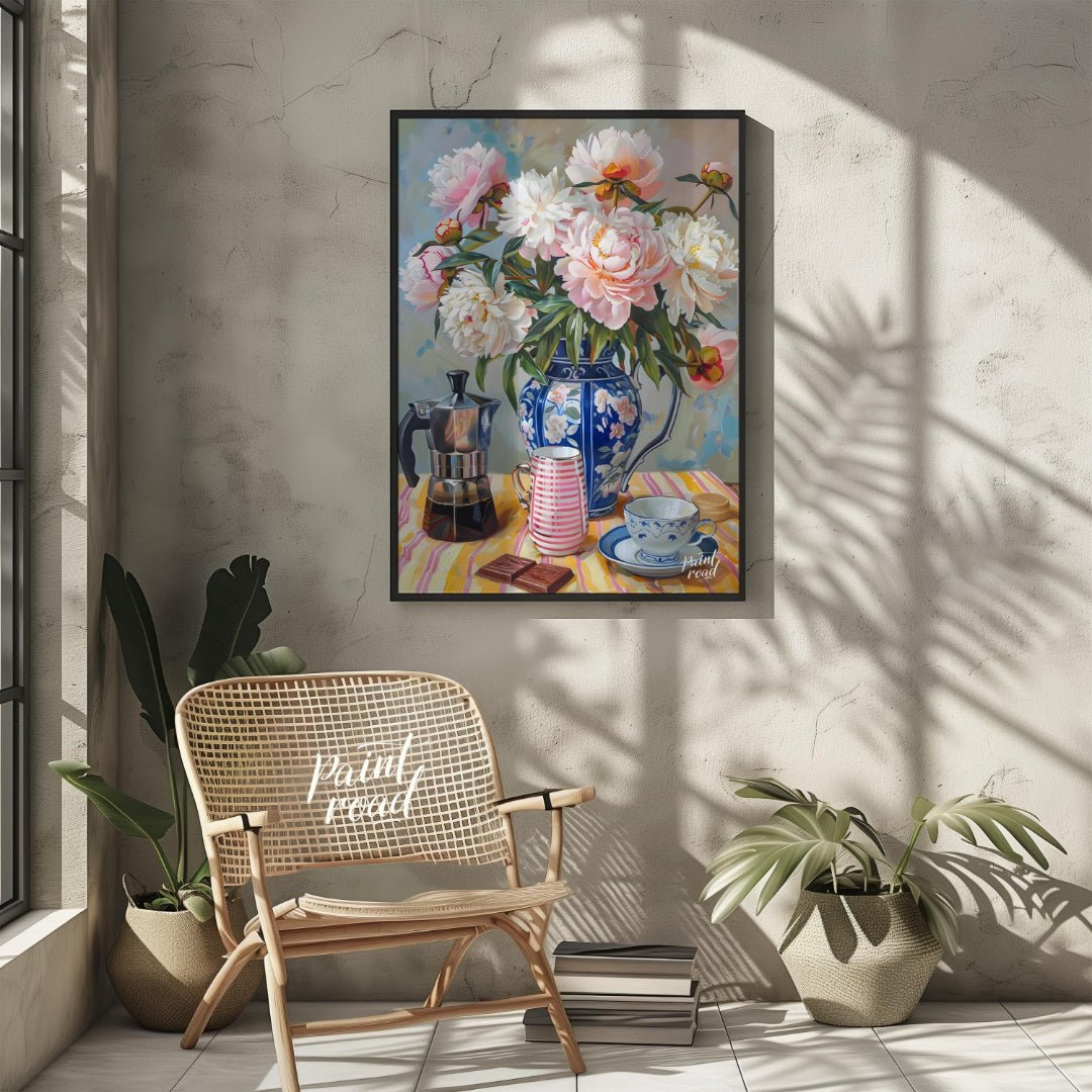 This vibrant art captures a serene morning moment with a delightful still life. A lush bouquet of p… for living room