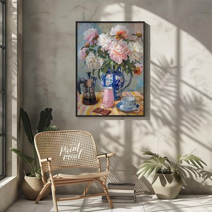 This vibrant art captures a serene morning moment with a delightful still life. A lush bouquet of p… for living room