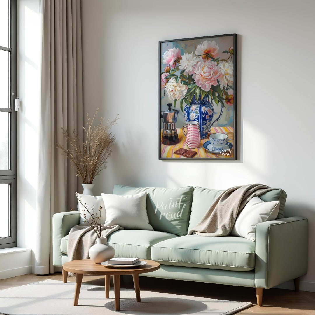 This vibrant art captures a serene morning moment with a delightful still life. A lush bouquet of p… for living room