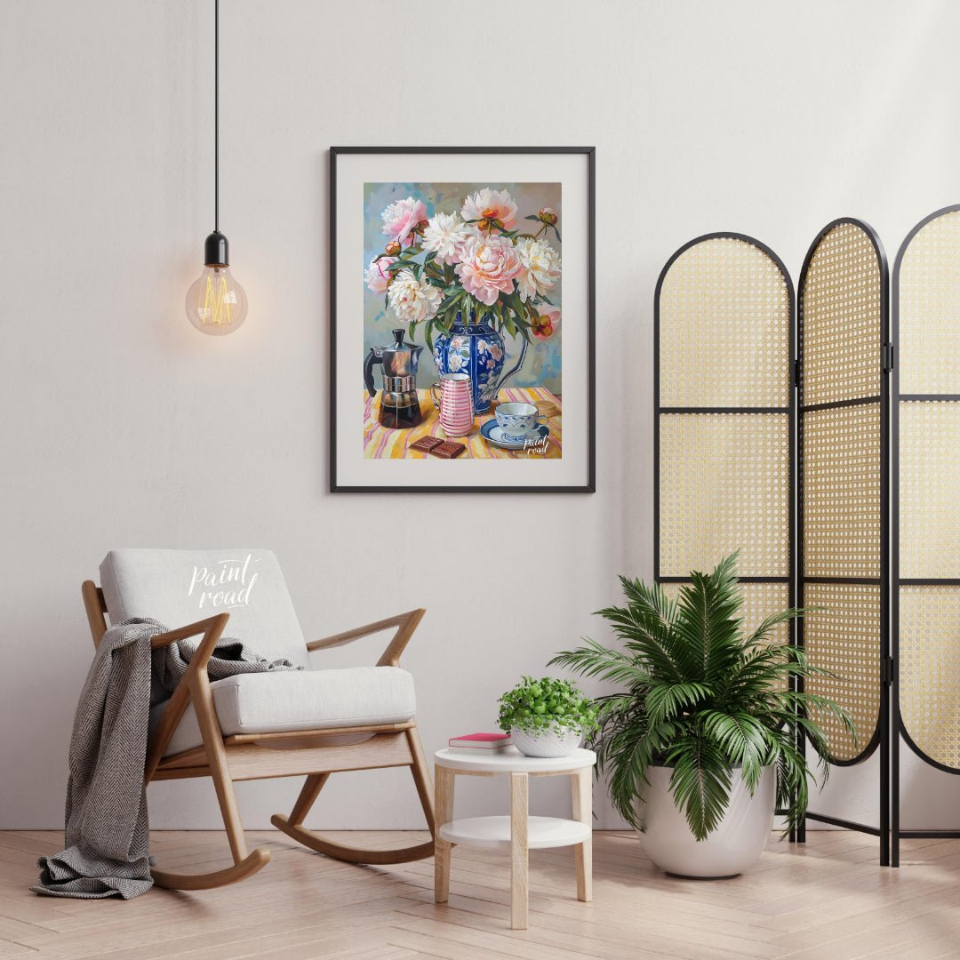 This vibrant art captures a serene morning moment with a delightful still life. A lush bouquet of p… for living room