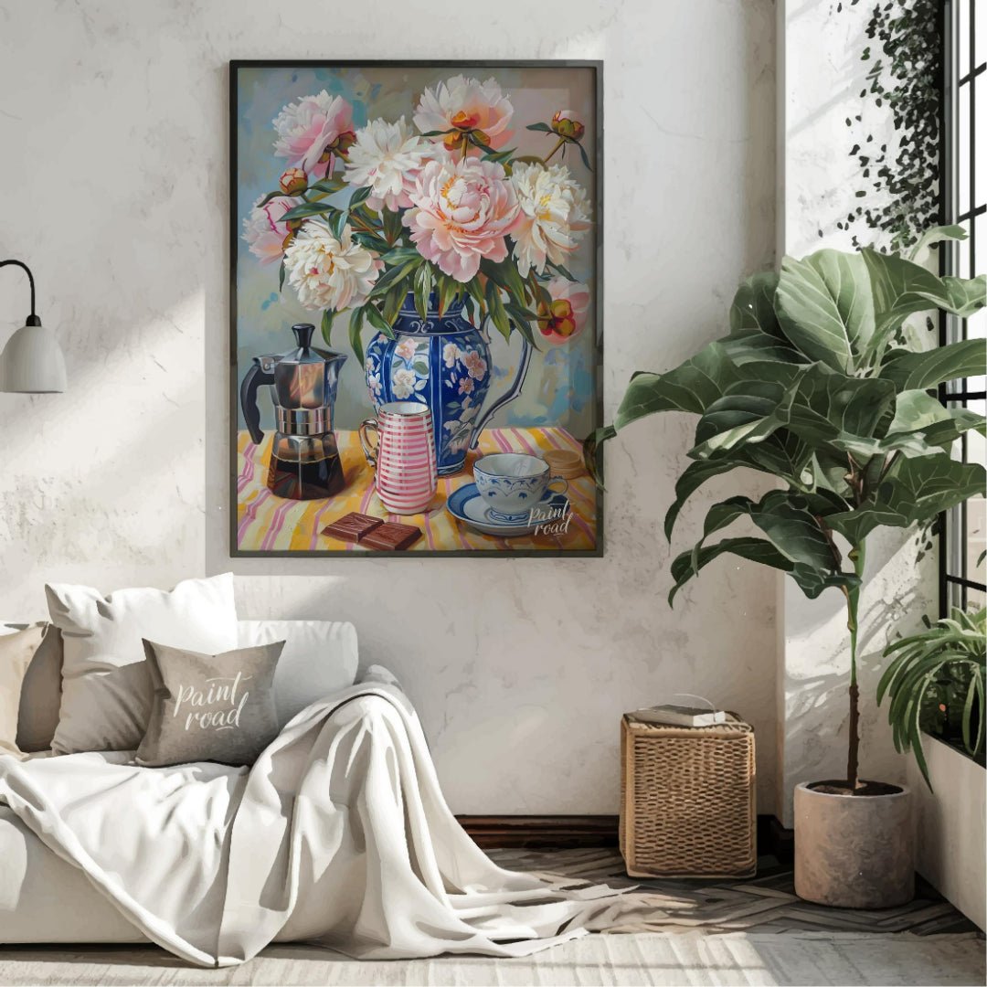 This vibrant art captures a serene morning moment with a delightful still life. A lush bouquet of p… for living room