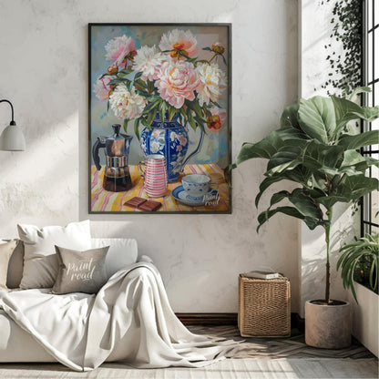 This vibrant art captures a serene morning moment with a delightful still life. A lush bouquet of p… for living room
