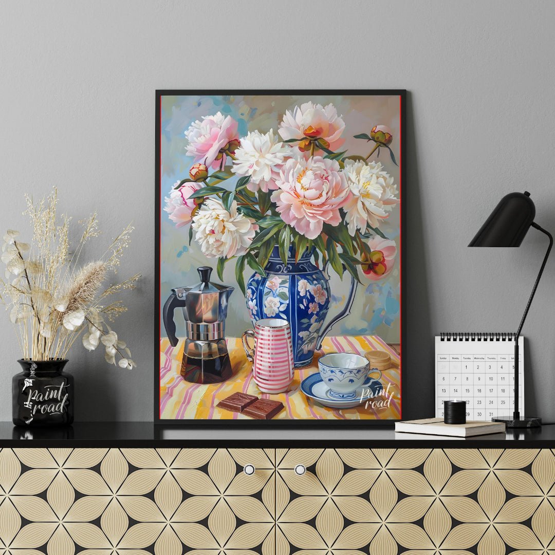 This vibrant art captures a serene morning moment with a delightful still life. A lush bouquet of p… for office
