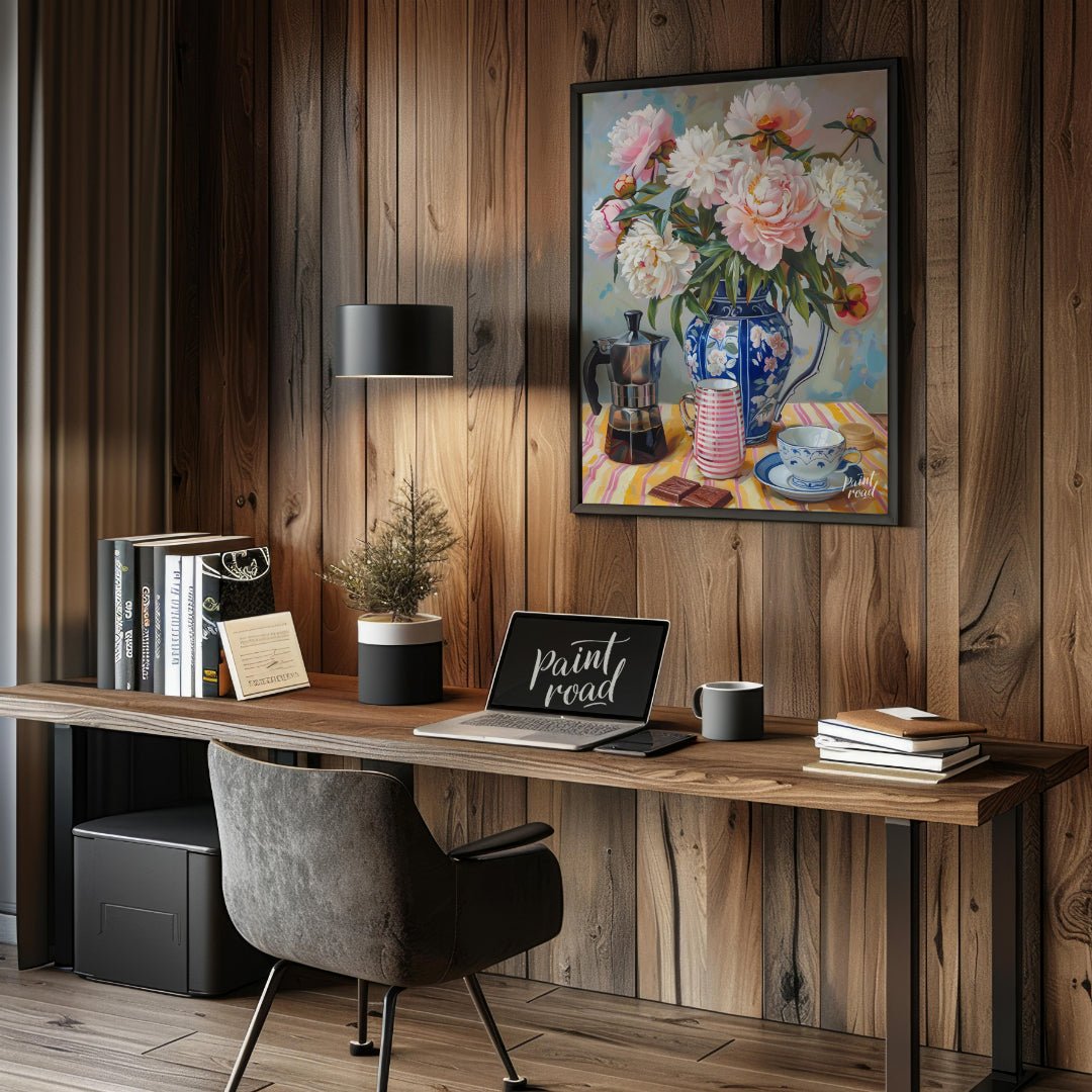 This vibrant art captures a serene morning moment with a delightful still life. A lush bouquet of p… for office