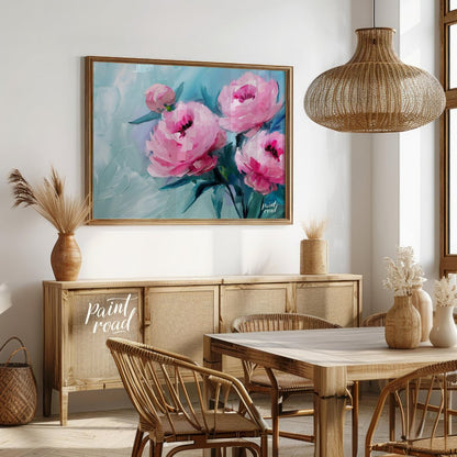 This ethereal painting captures the delicate beauty of pink peonies against a serene blue backdrop.… for dining room