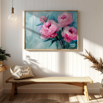 This ethereal painting captures the delicate beauty of pink peonies against a serene blue backdrop.… for entryway