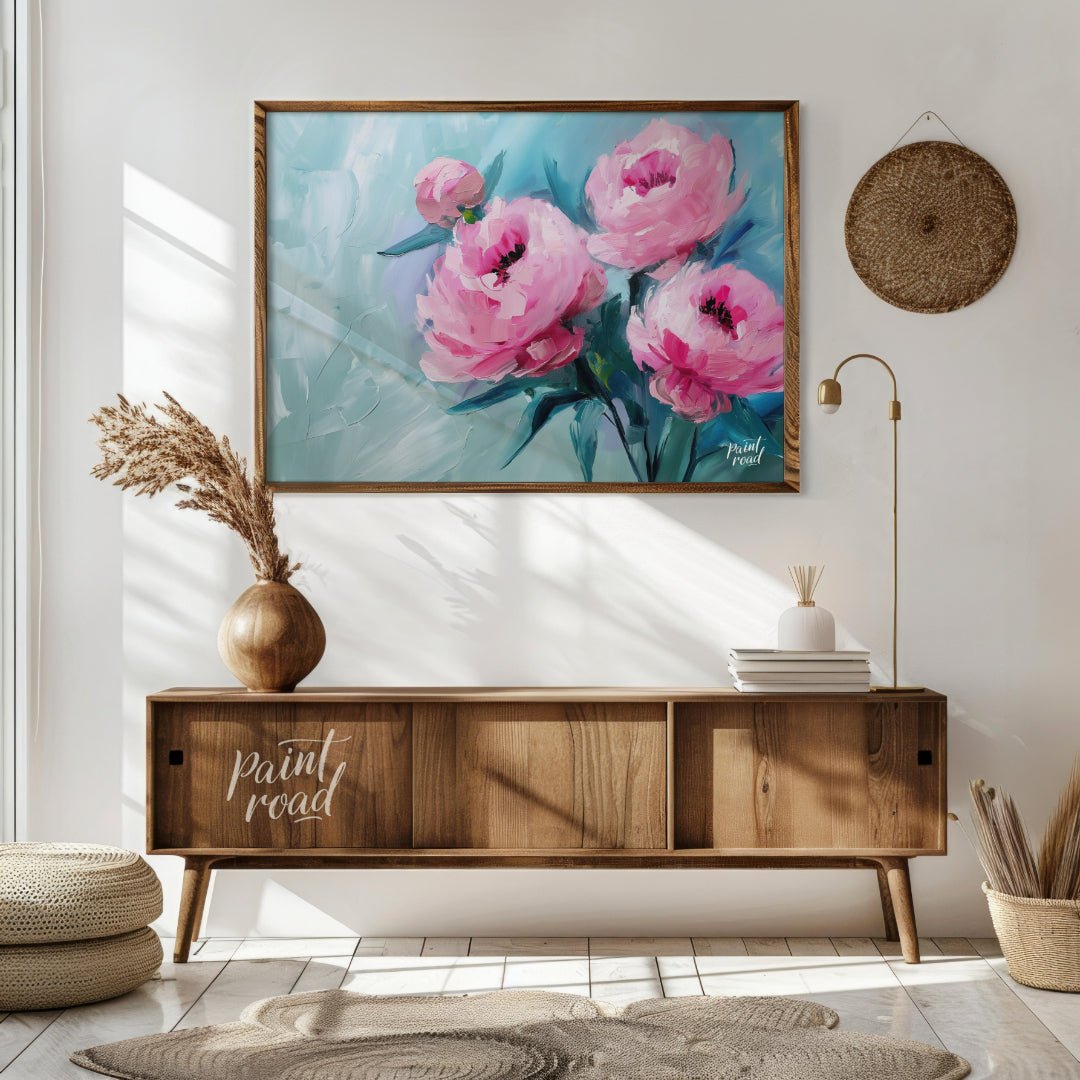 This ethereal painting captures the delicate beauty of pink peonies against a serene blue backdrop.… for living room