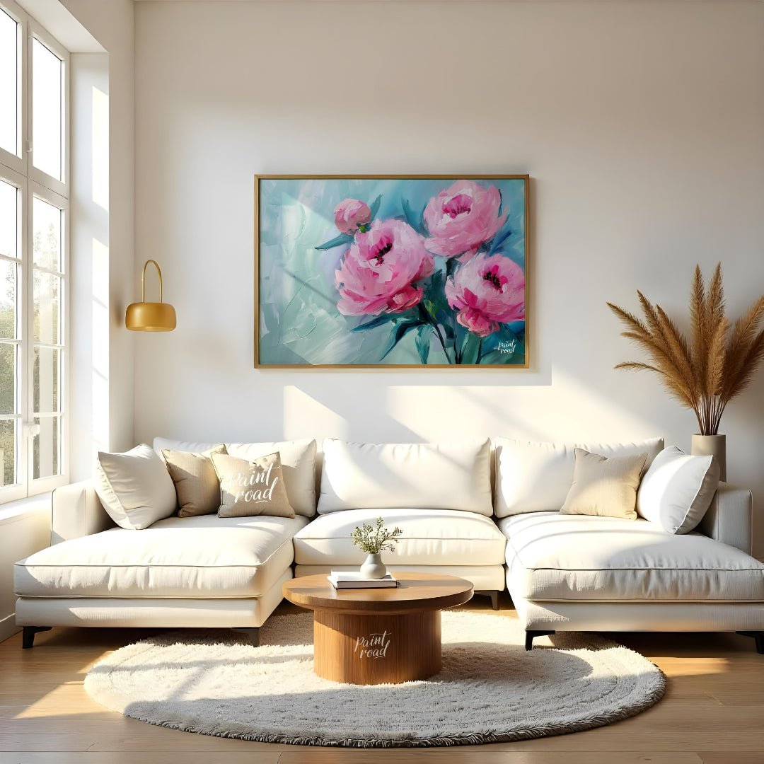 This ethereal painting captures the delicate beauty of pink peonies against a serene blue backdrop.… for living room